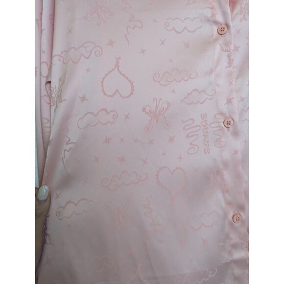 Savage X Fenty Heavenly Satin Pink Jacquard Button Up Sleep Nightshirt Women L - Picture 9 of 11
